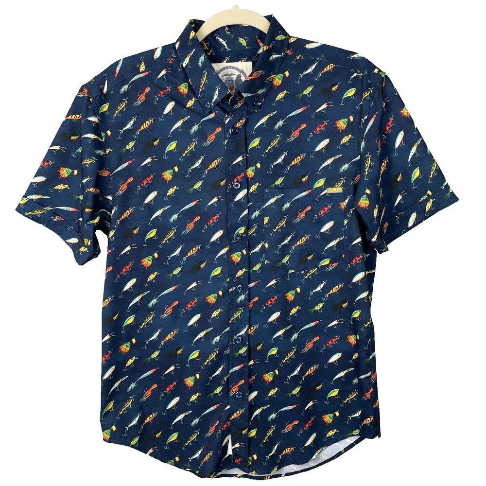 RSVLTS Fishing Lures Shirt Mens Small S Blue Button Up Short Sleeve Kunuflex EUC